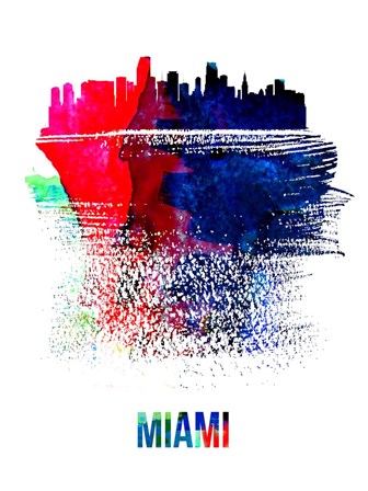 Miami Skyline Brush Stroke Watercolor by Naxart art print