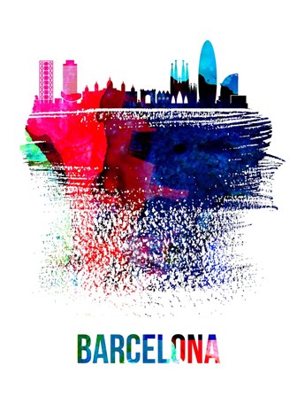Barcelona Skyline Brush Stroke Watercolor by Naxart art print
