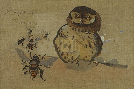 Owl and Bees by J. Crawhall art print