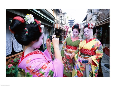 Three geishas, Kyoto, Honshu, Japan (taking pictures) art print