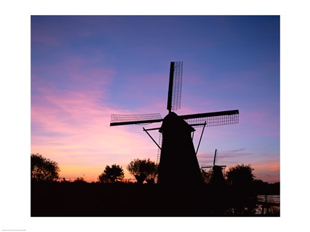 Silhouette, Windmills On Purple Sunset, Kinderdijk, Netherlands art print