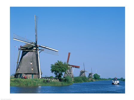 Windmills and Canal Tour Boat, Kinderdijk, Netherlands art print