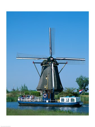 Windmill and Canal Tour Boat, Kinderdijk, Netherlands art print