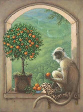 Monkey and Orange Tree by Janet Kruskamp art print