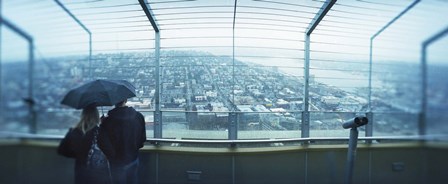 Couple viewing a city from the Space Needle, Queen Anne Hill, Seattle, Washington State, USA by Panoramic Images art print