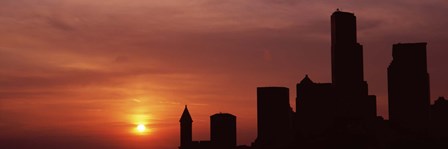 Silhouette of buildings at dusk, Seattle, Washington State by Panoramic Images art print