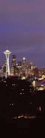 Skyscrapers in a city lit up at night, Space Needle, Seattle, King County, Washington State, USA by Panoramic Images art print