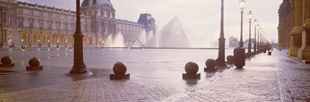 Street lights lit up at dawn, Louvre Pyramid, Musee Du Louvre, Paris, France by Panoramic Images art print
