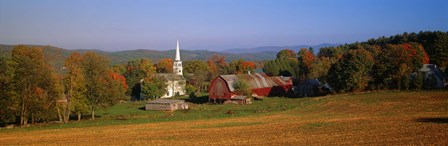 Church and a barn in a field, Peacham, Vermont, USA by Panoramic Images art print