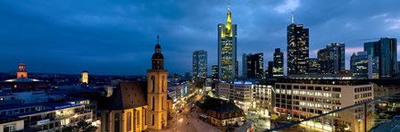 Buildings lit up at night, St. Catherine&#39;s Church, Hauptwache, Frankfurt, Hesse, Germany by Panoramic Images art print
