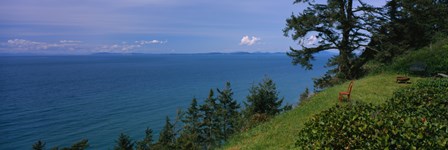 Old red chair near the sea, Strait of Juan de Fuca, San Juan Islands, Whidbey Island, Island County, Washington State, USA by Panoramic Images art print