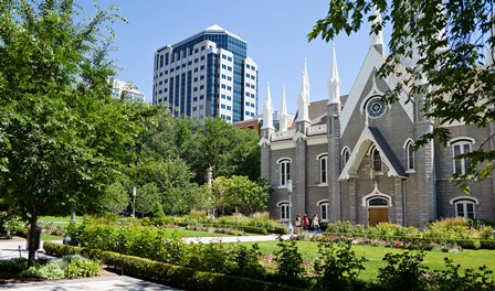 Assembly hall in a city, Salt Lake Assembly Hall, Temple Square, Salt Lake City, Utah, USA by Panoramic Images art print
