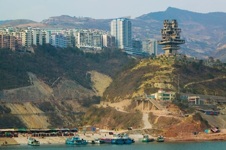 Boats at the port with a newly built town on Yangtze River, Wanzhou, Chongqing Province, China by Panoramic Images art print