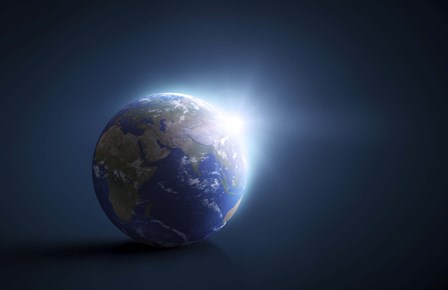 Planet Earth and sunlight on a dark blue background by Evgeny Kuklev/Stocktrek Images art print