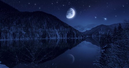 Moon rising over tranquil lake in the misty mountains against starry sky by Evgeny Kuklev/Stocktrek Images art print