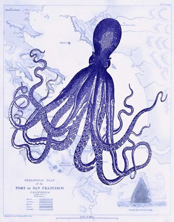 Blue Octopus 1 on Nautical Map by Fab Funky art print