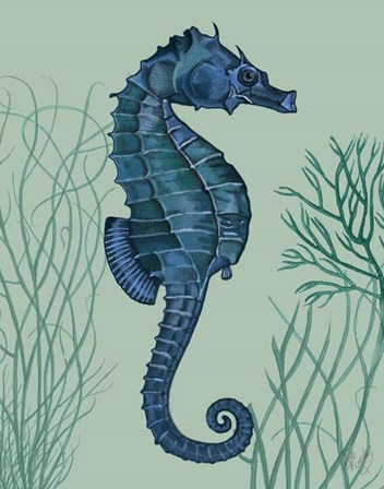 Blue Seahorses on Light Green Sage a by Fab Funky art print