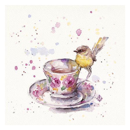 Tea Time (Eastern Yellow Robin) by Sillier than Sally art print