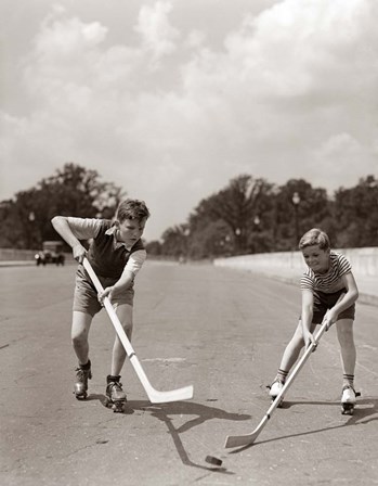 1930s 1940s 2 Boys With Sticks And Puck by Vintage PI art print